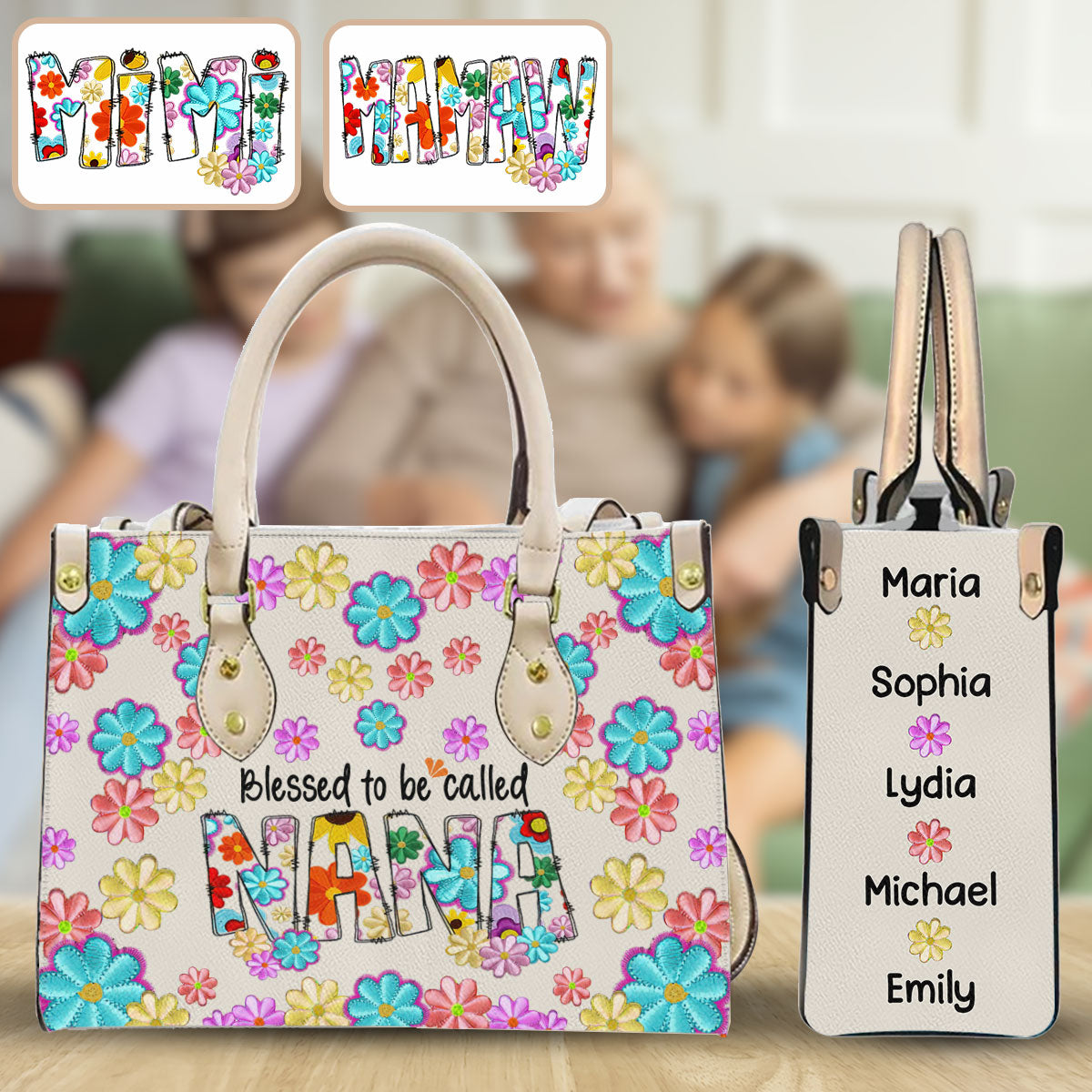 Gesegnet, Nana genannt zu werden – Personalisierte Oma-Lederhandtasche im floralen Stil