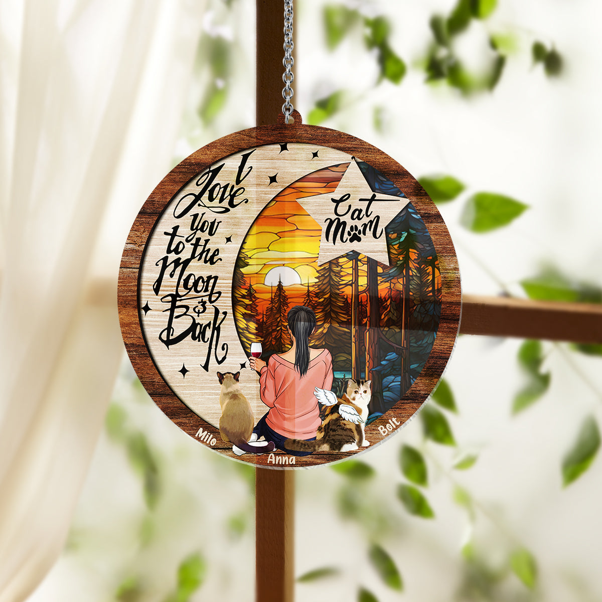 Ich liebe dich bis zum Mond und zurück – Geschenk für Hunde- und Katzenliebhaber, für alle, die einen Hund oder eine Katze verloren haben – Personalisierter Fensterhänger 