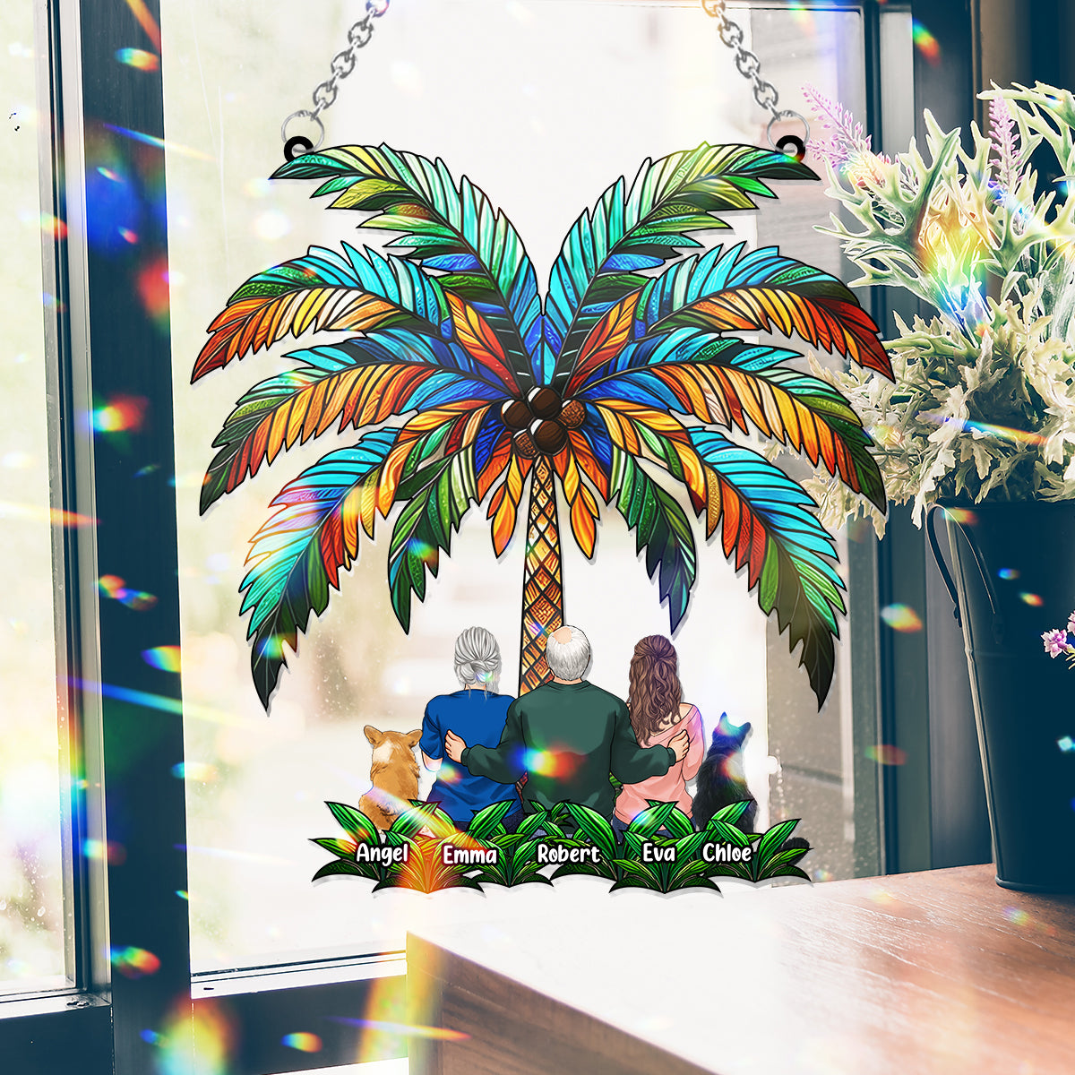Familie unter der Palme – Personalisierter Fensterhänger mit Familienmotiv 
