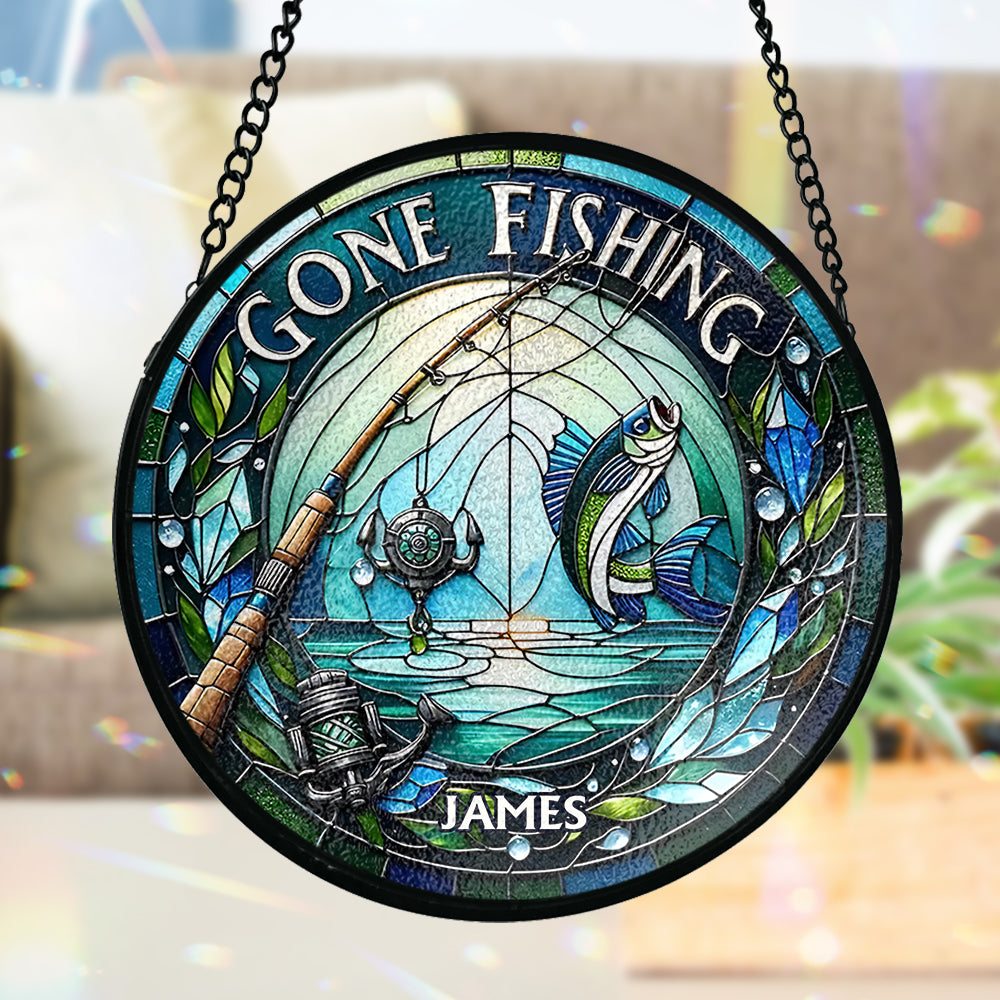 Angeln gegangen – Personalisierter Glas-Sonnenfänger mit Angelmotiv