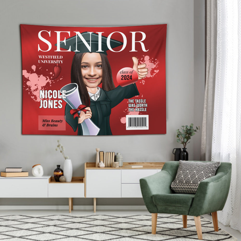 Karikatur auf dem Cover eines Senior-Magazins – personalisierter Wandteppich zur Abschlussfeier
