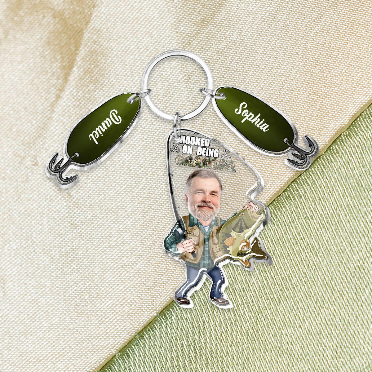 Hooked On Being Grandpa Any Title - Personalized Father Keychain with Charms