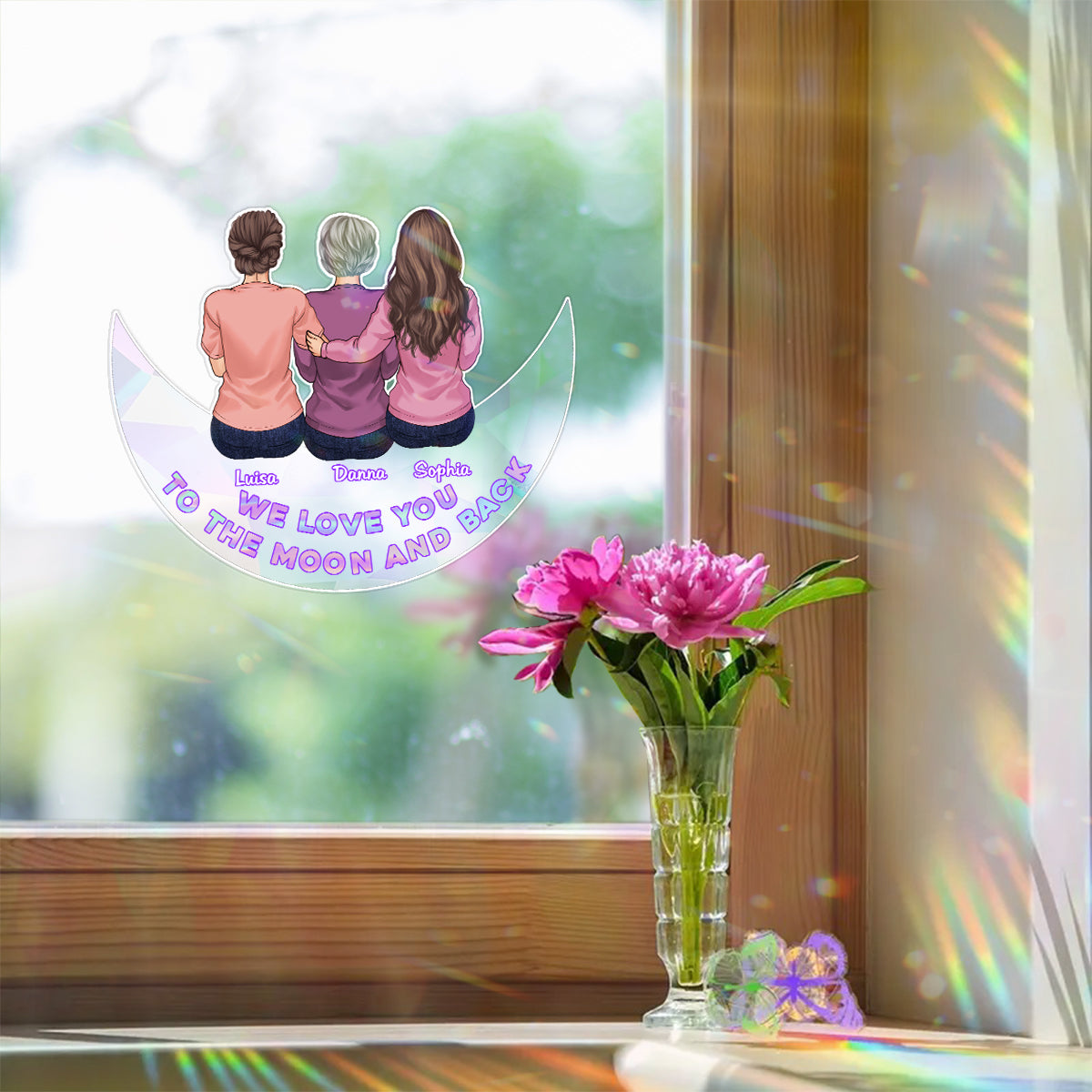 Ich liebe dich bis zum Mond und zurück – Personalisierter Sonnenfänger-Aufkleber für Mutter