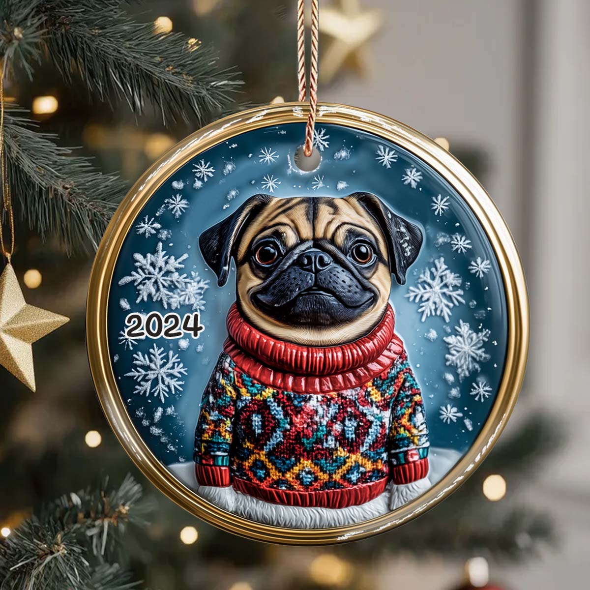 Merry Christmas - Personalized Dog Ceramic Circle Ornament