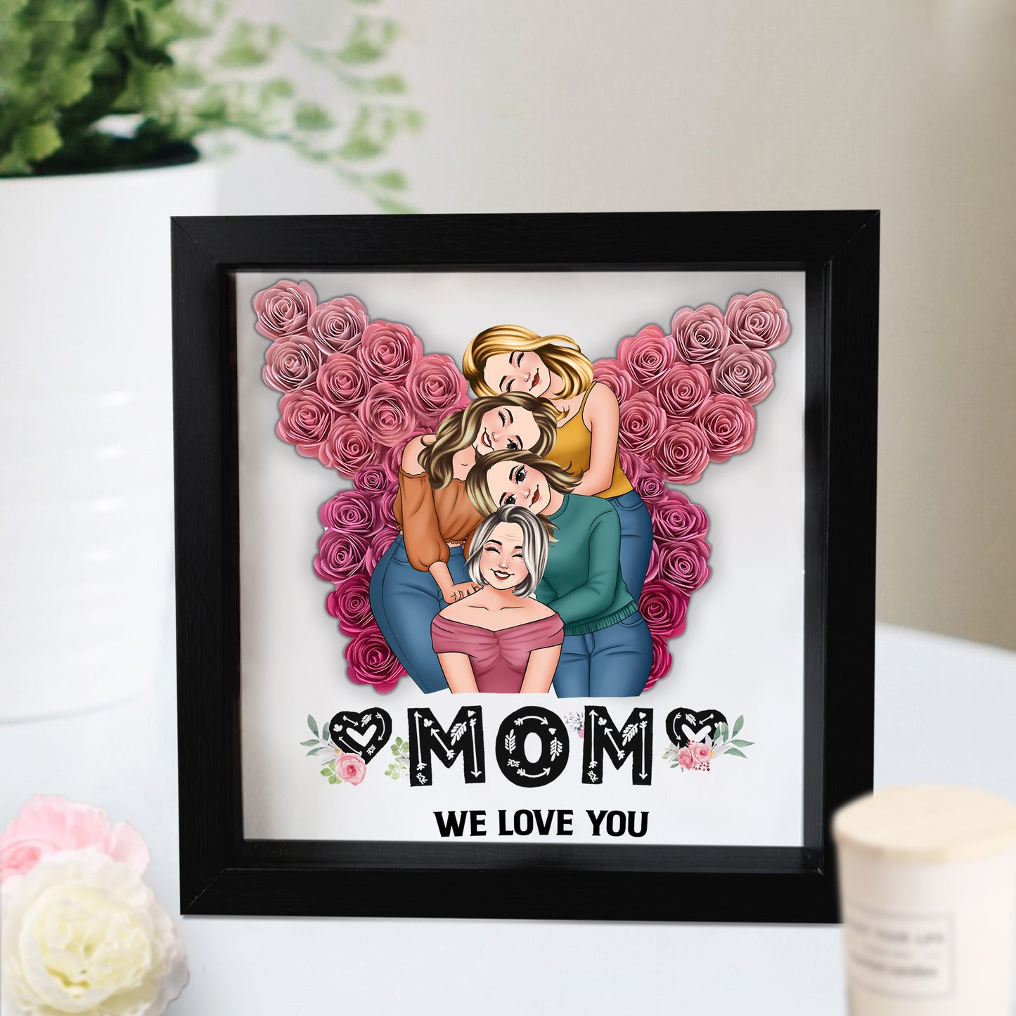 Mama, wir lieben dich, Schmetterling – personalisierte Mutter-Schattenbox in individueller Blumenform