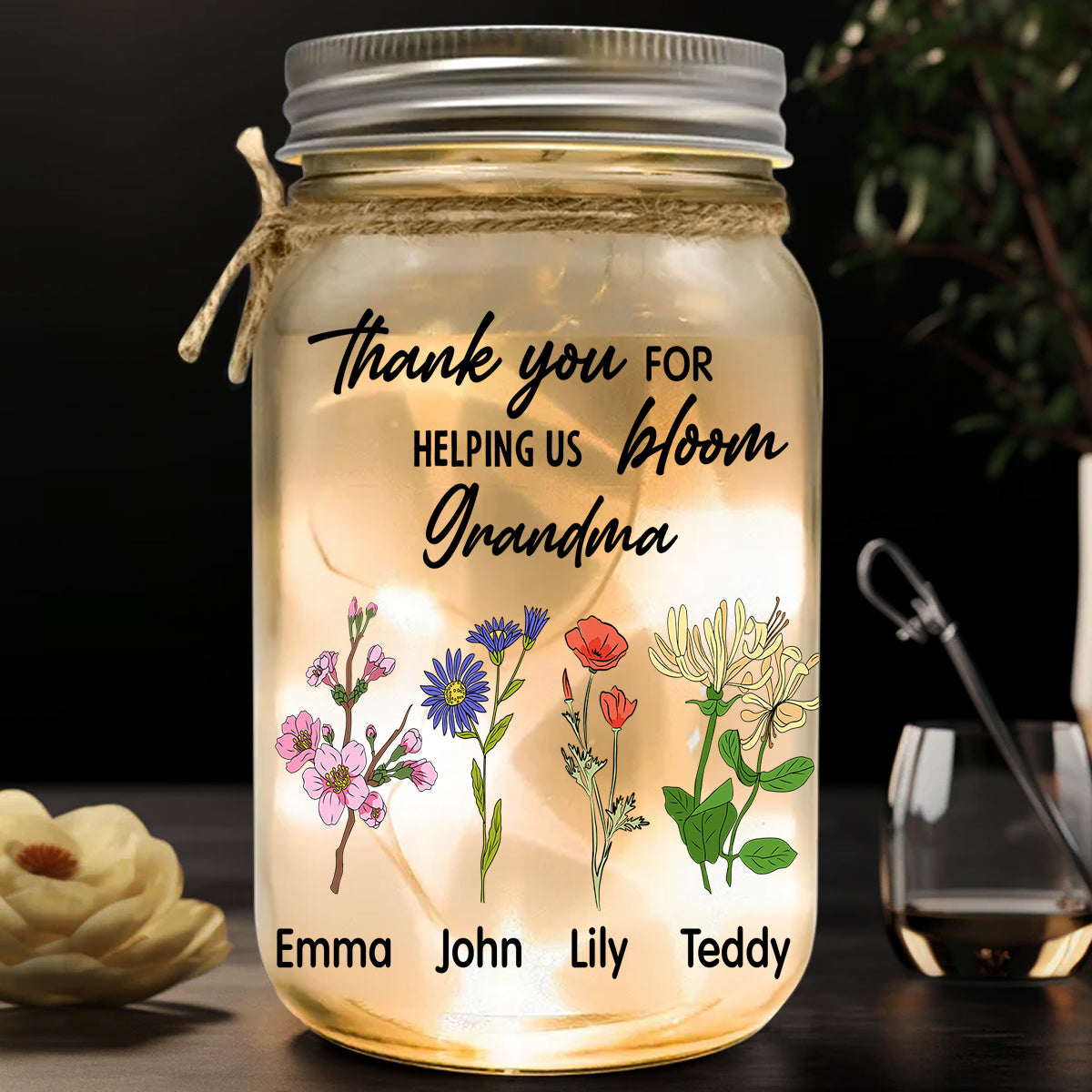 Danke, dass Sie uns beim Erblühen geholfen haben – Personalisierte Oma-Einmachglas-Lampe