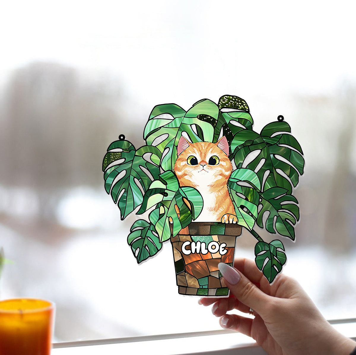 Katze und Monstera – Personalisierter Katzen-Fensterhänger 