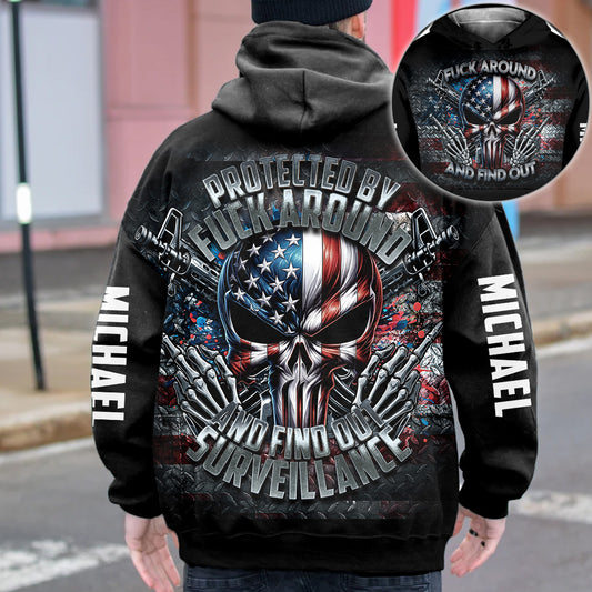 Geschützt durch „Fck Around and Find out“-Überwachung – personalisiertes Totenkopf-Shirt