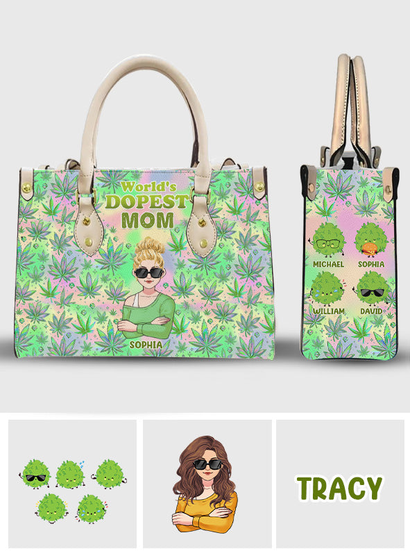 „Mommy's Little Buds Dopest Mom Ever Any Title“ – personalisierte Lederhandtasche mit Weed-Motiv