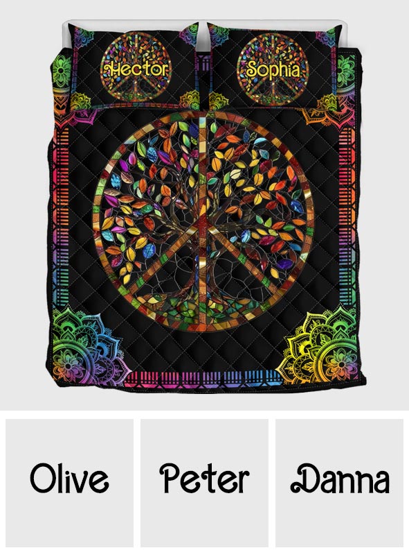 It's A Beautiful World Tree Of Life Peace Sign - Personalized Hippie Quilt Set