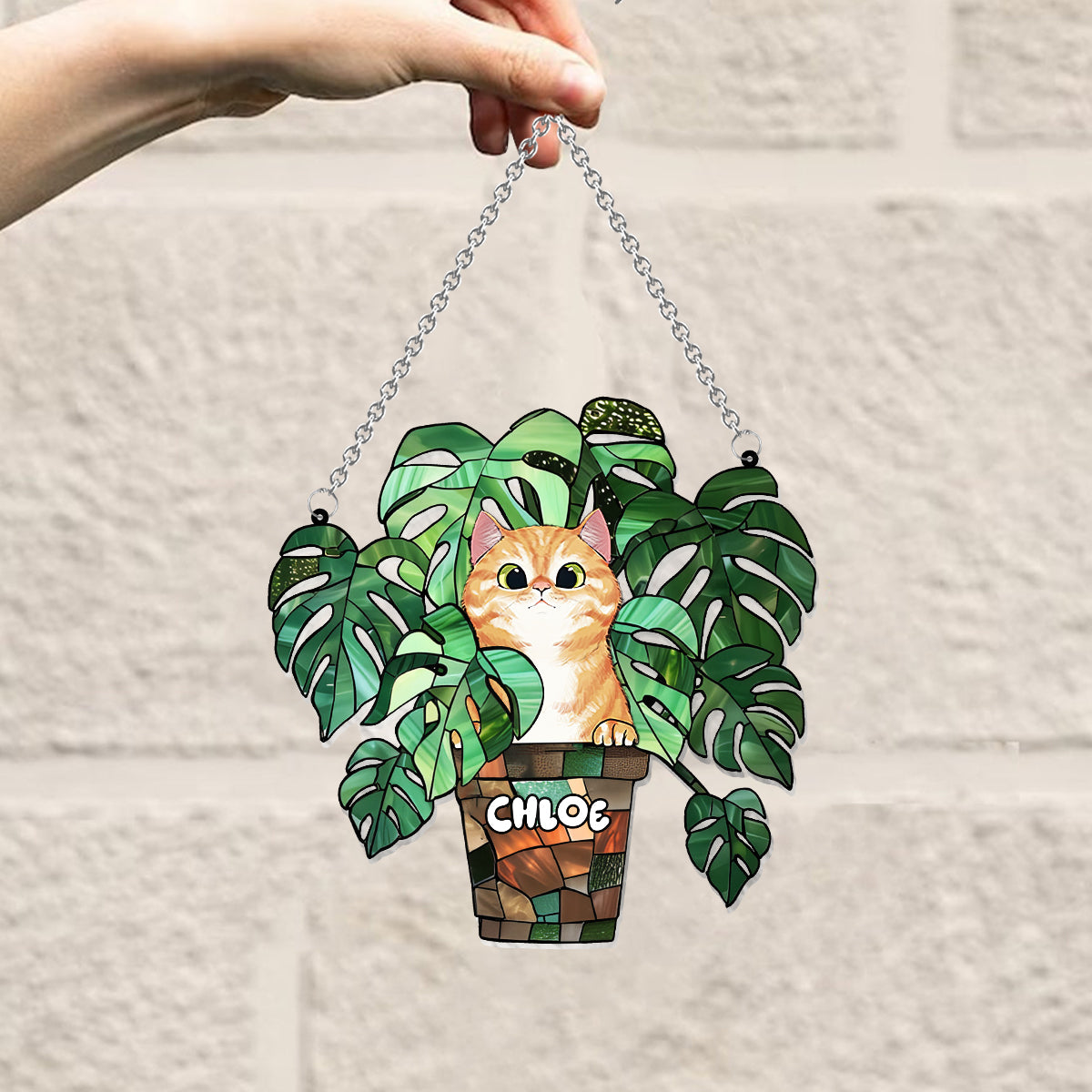 Katze und Monstera – Personalisierter Katzen-Fensterhänger 