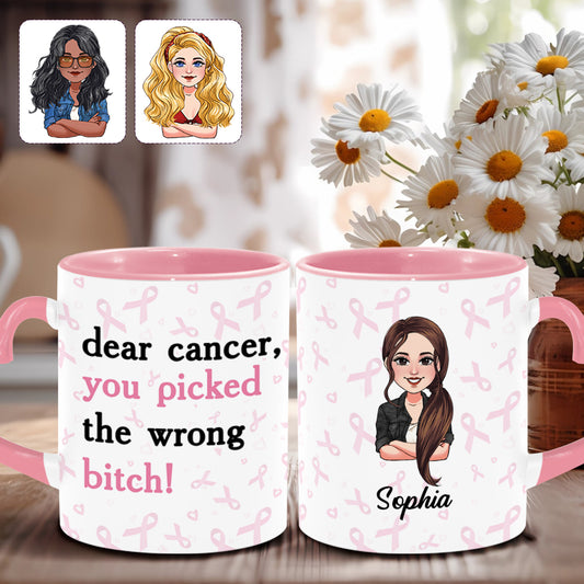 Dear Cancer You Picked The Wrong Bitch - Personalized Breast Cancer Awareness Heart Handle Mug