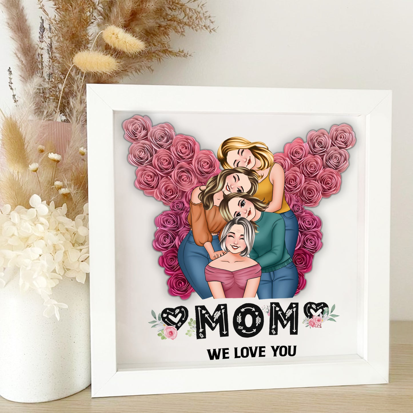 Mama, wir lieben dich, Schmetterling – personalisierte Mutter-Schattenbox in individueller Blumenform