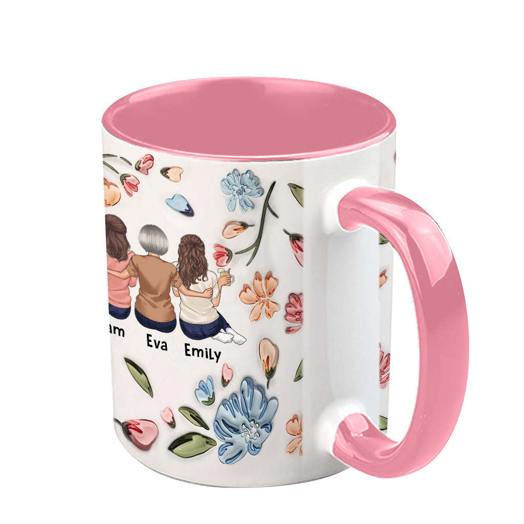 Mutter und Töchter, Söhne, Kinder – für immer verbunden – Personalisierte Tasse mit Blumenmuster und Muttermotiv