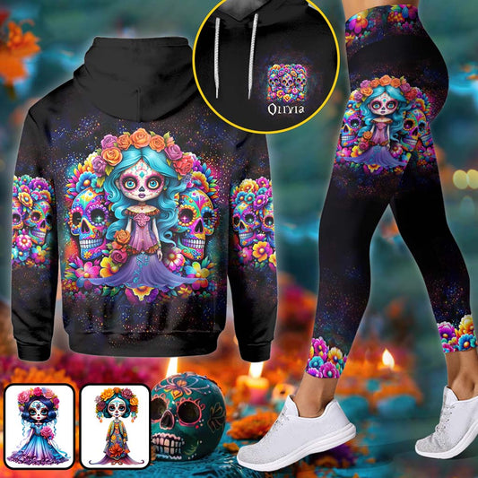 Niedliche Puppen La Catrina – Personalisierter Totenkopf-Hoodie und Leggings