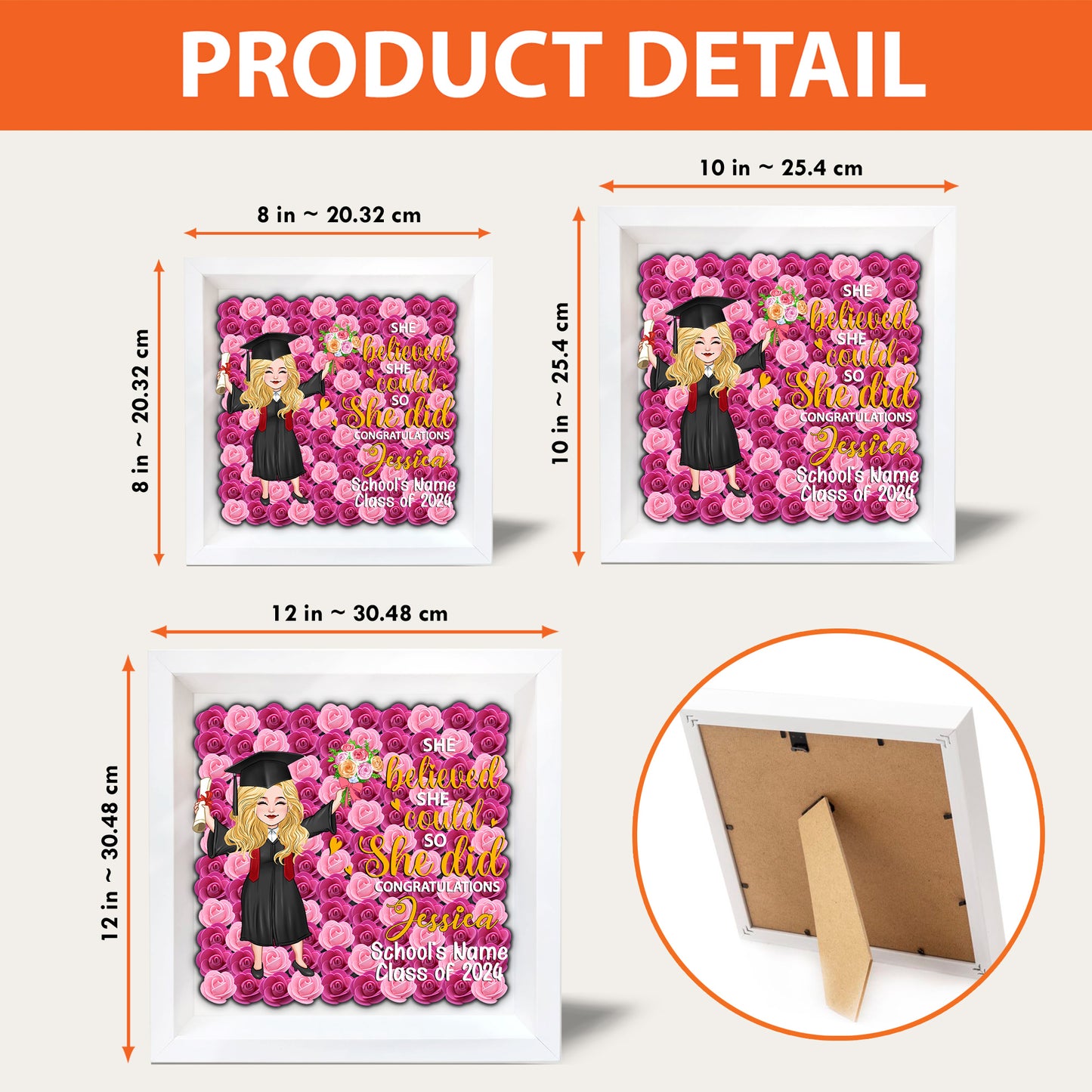 Abschlussmädchen 2024 – Personalisierte Abschluss-Schattenbox in individueller Blumenform
