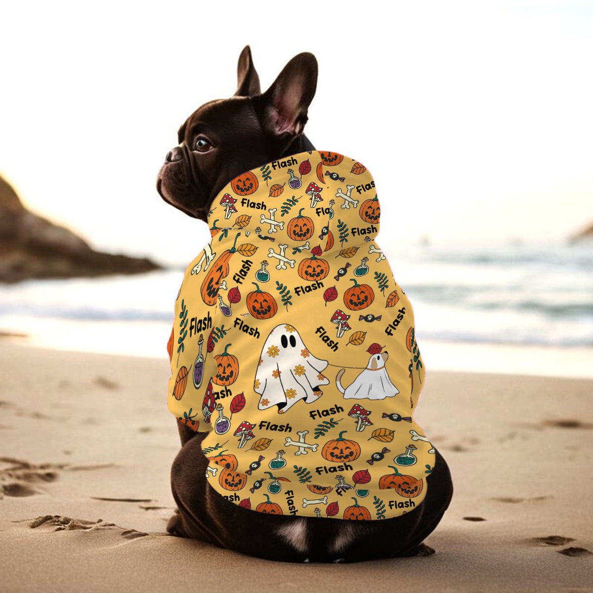 Niedlicher Geisterhund, Kürbisgeist & Fledermaus - Personalisierter Hunde-Hoodie