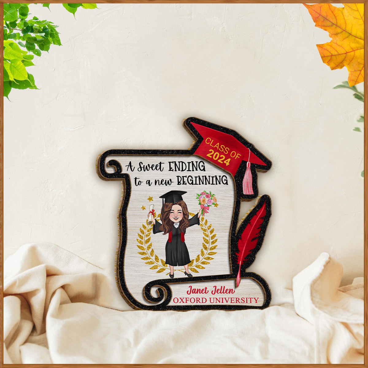 Ein schöner Abschluss für einen neuen Anfang – Personalisiertes Abschluss-Holzschild/Holzplakette, 2-lagig