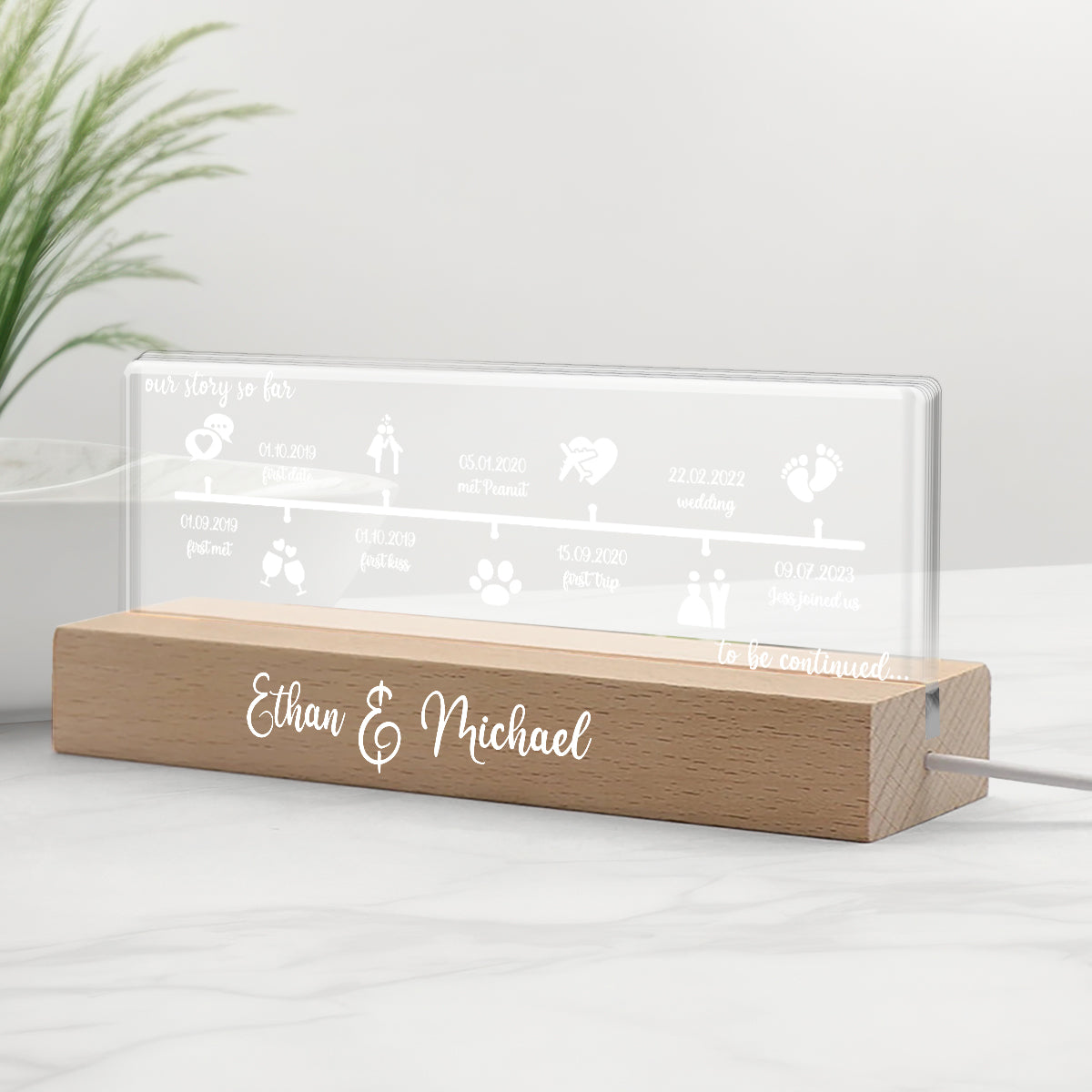 Unsere bisherige Geschichte – Personalisierte LED-Nachtleuchte für Paare