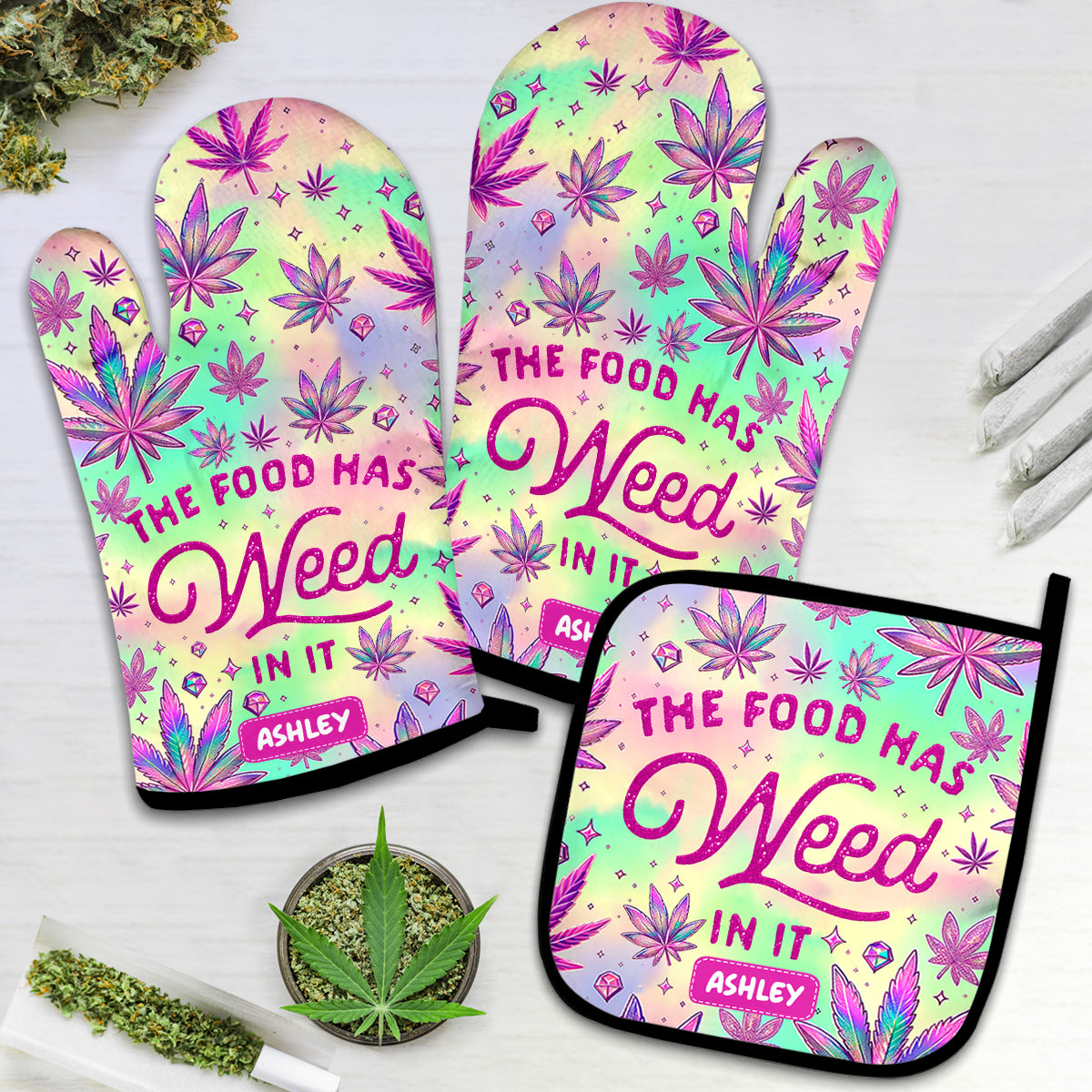 Das Essen enthält Cannabis – Personalisierte Topflappen und Ofenhandschuhe mit Cannabis-Motiv