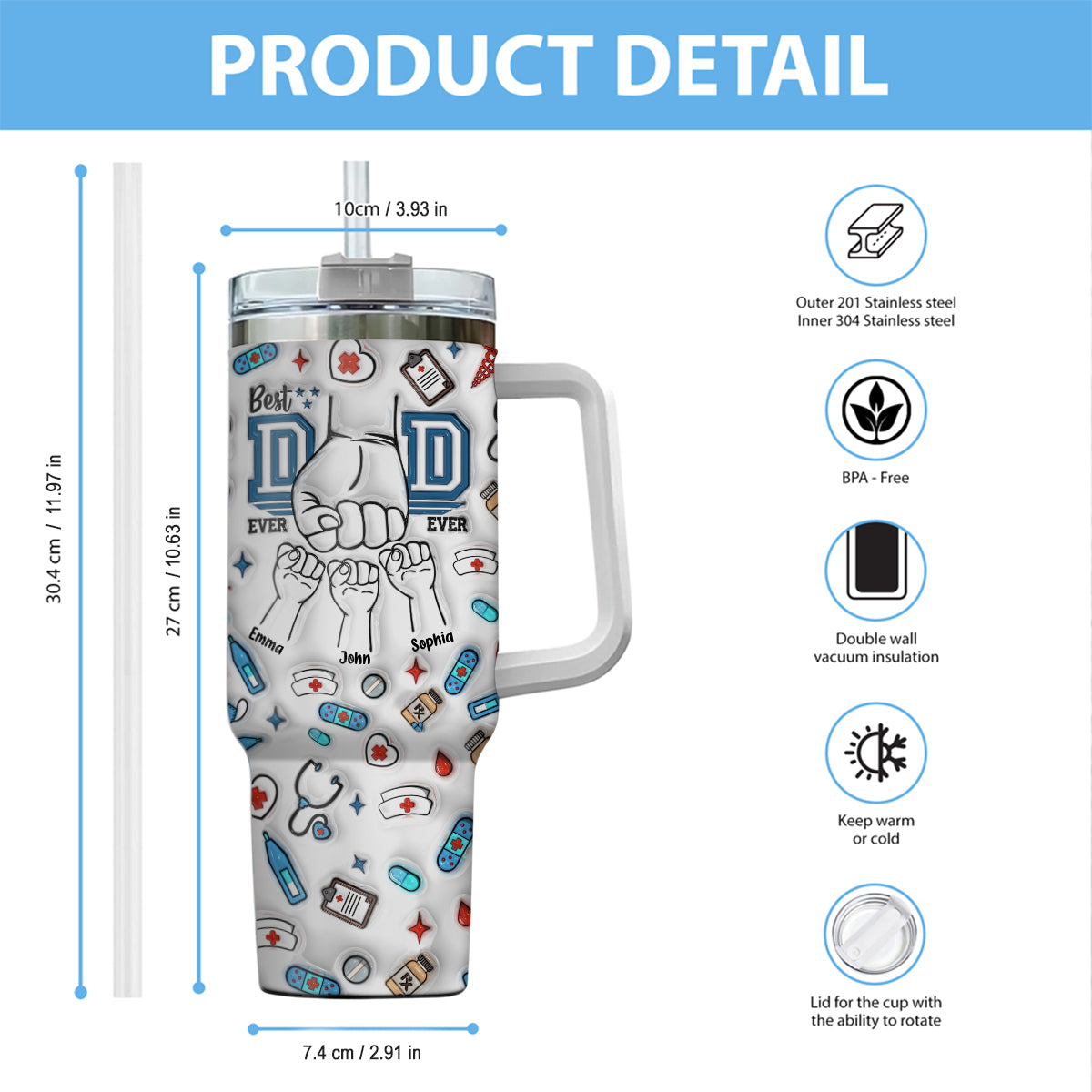 Bester Papa aller Zeiten – Personalisierter Vaterbecher mit Henkel