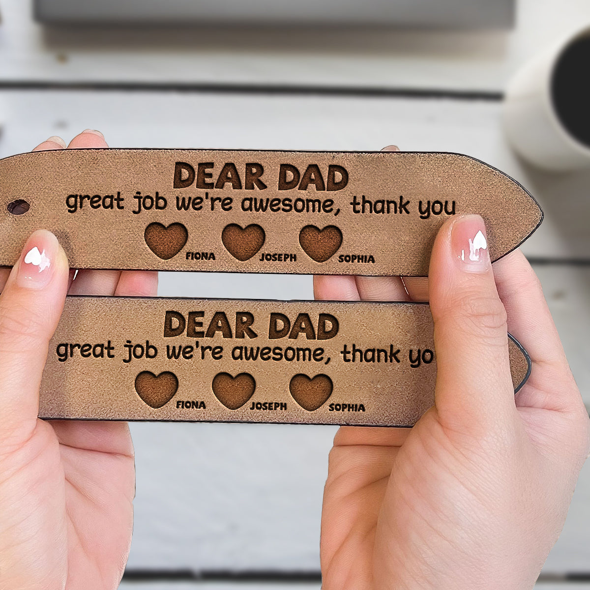 Lieber Papa, super gemacht! Wir sind spitze! Danke! – Personalisierter Ledergürtel für Väter
