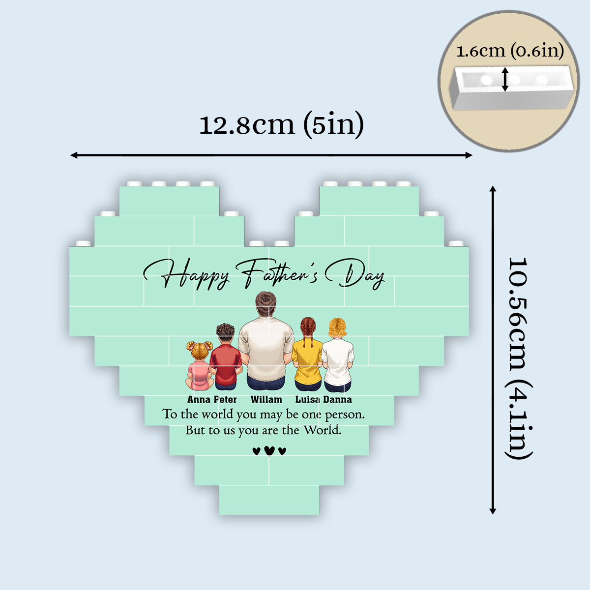 Alles Gute zum Vatertag! Bester Papa aller Zeiten – Rückansicht – Mann & Kinder – Personalisierter Vaterherz-Baustein, beidseitig bedruckt