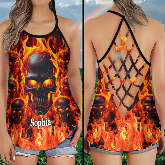 Personalisiertes Tanktop mit Totenkopfkreuz und geschmolzenem Schädel in Flammen