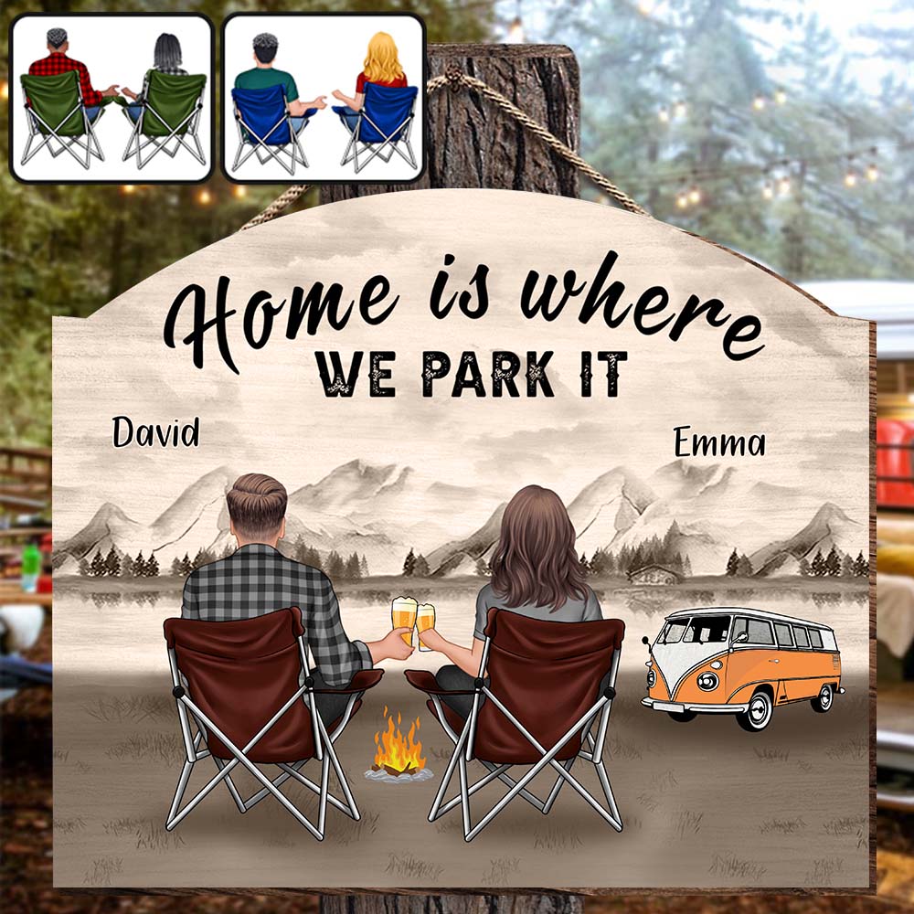 Zuhause ist, wo wir parken – personalisiertes Camping-Holzschild in individueller Form