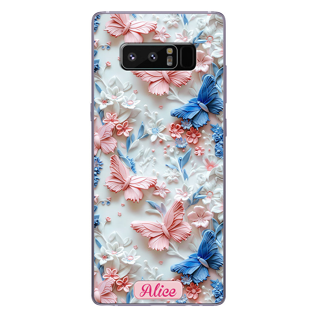 Rosa und blaue Schmetterlinge – Personalisierte transparente Schmetterlings-Handyhülle