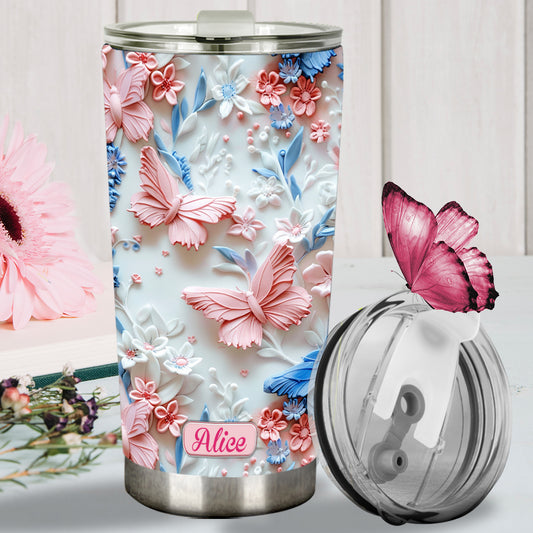 Pink And Blue Butterflies - Personalized Butterfly Tumbler