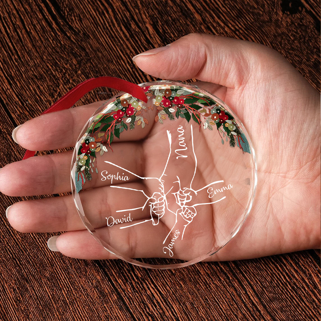Holding Hands - Personalized Grandma Round Shaped Glass Ornament