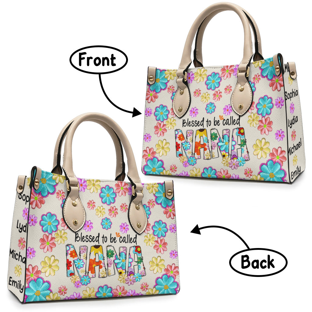 Gesegnet, Nana genannt zu werden – Personalisierte Oma-Lederhandtasche im floralen Stil