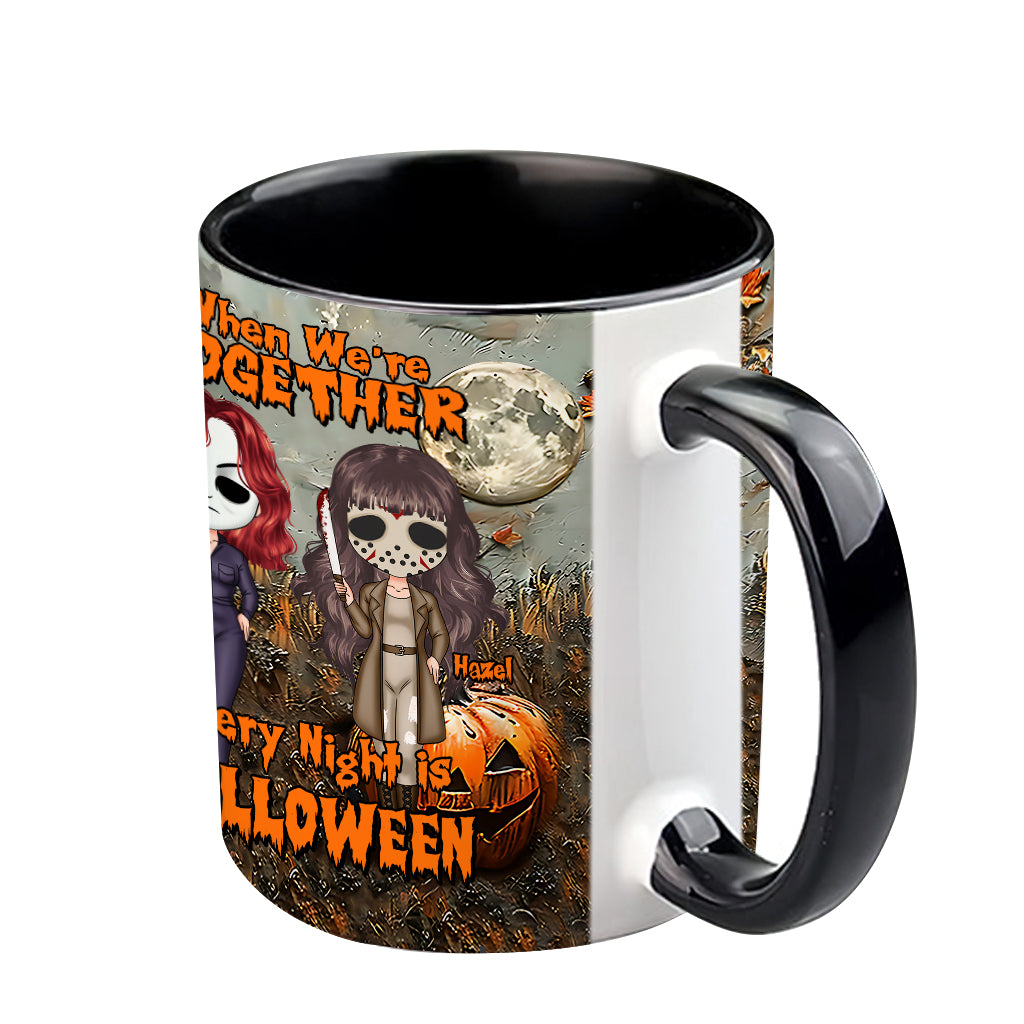 Wenn wir zusammen sind, ist jede Nacht Halloween – personalisierte Tasse mit dem Aufdruck „Beste Freundin“.
