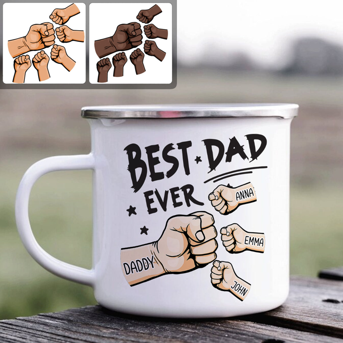 „Bester Papa aller Zeiten“-Faustgruß – personalisierte Emaille-Tasse für Väter