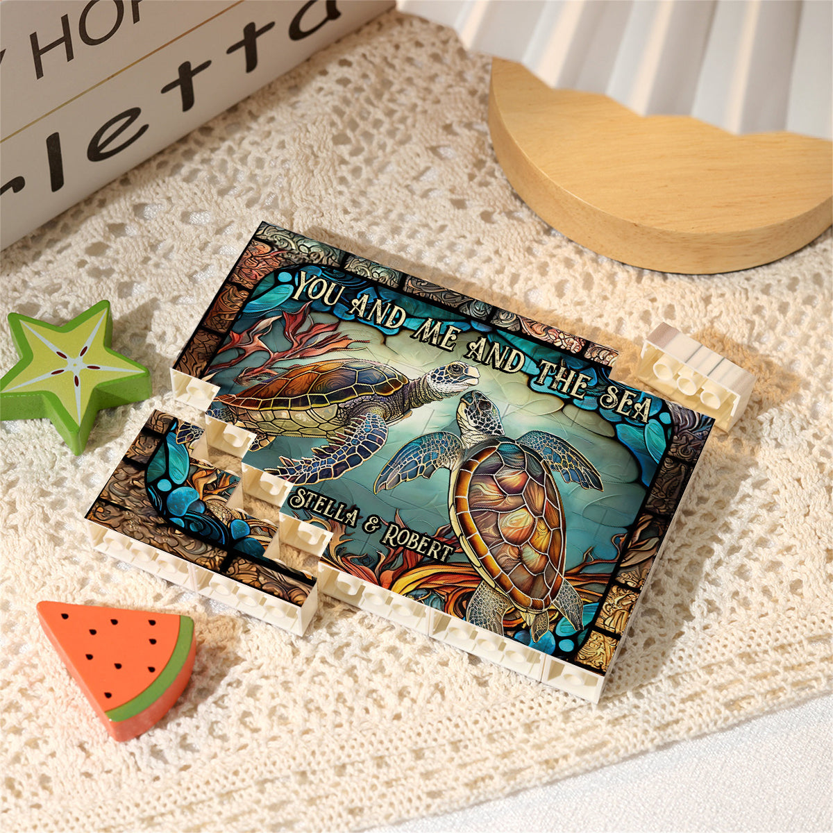 Wunderschöne Schildkröten-Glasmalerei „Du und Ich“ – Personalisierte Schildkröten-Bausteine, einseitig, horizontal, rechteckig