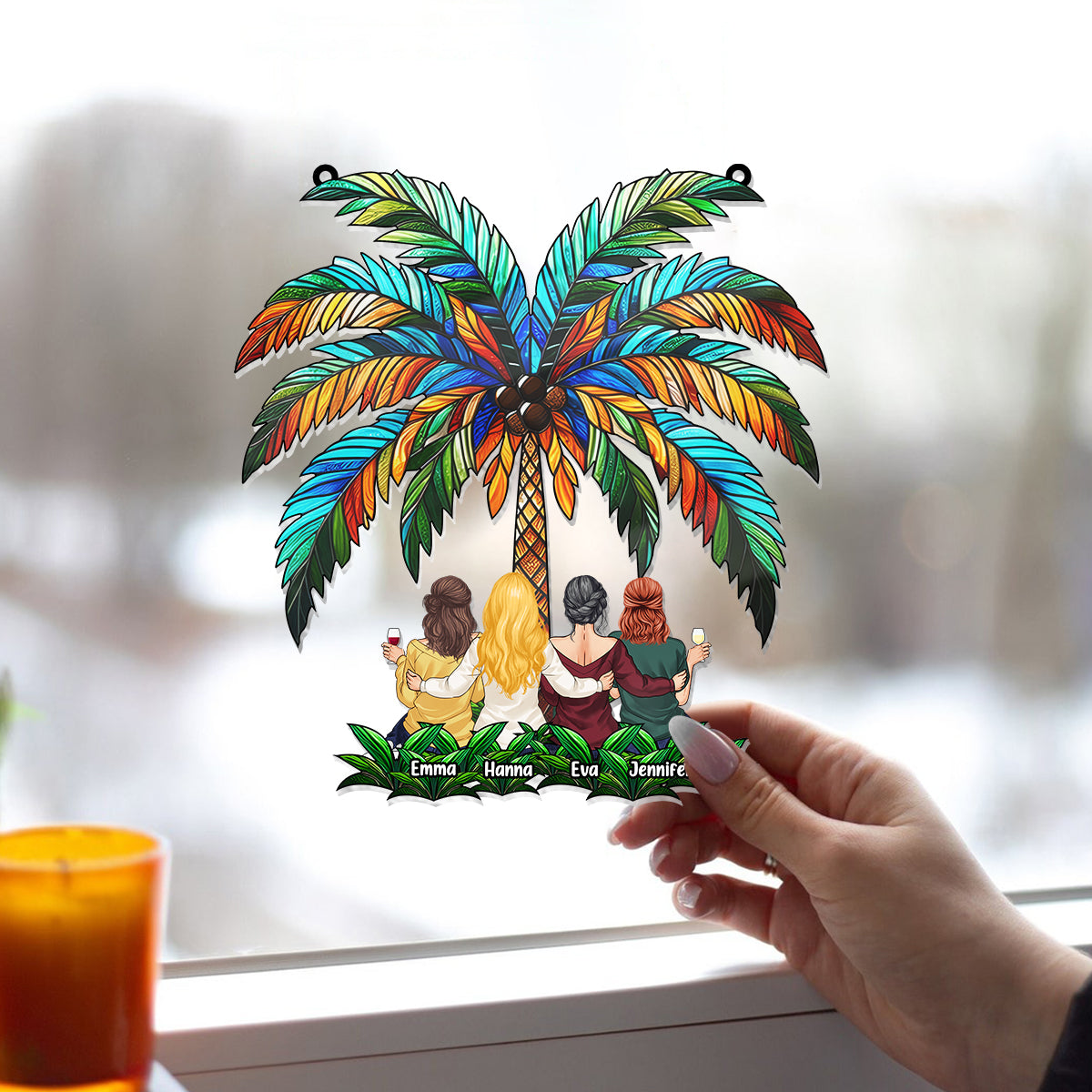 Beste Freundinnen unter der Palme – Personalisierter Fensterhänger mit Sonnenfänger-Dekoration für beste Freundinnen 