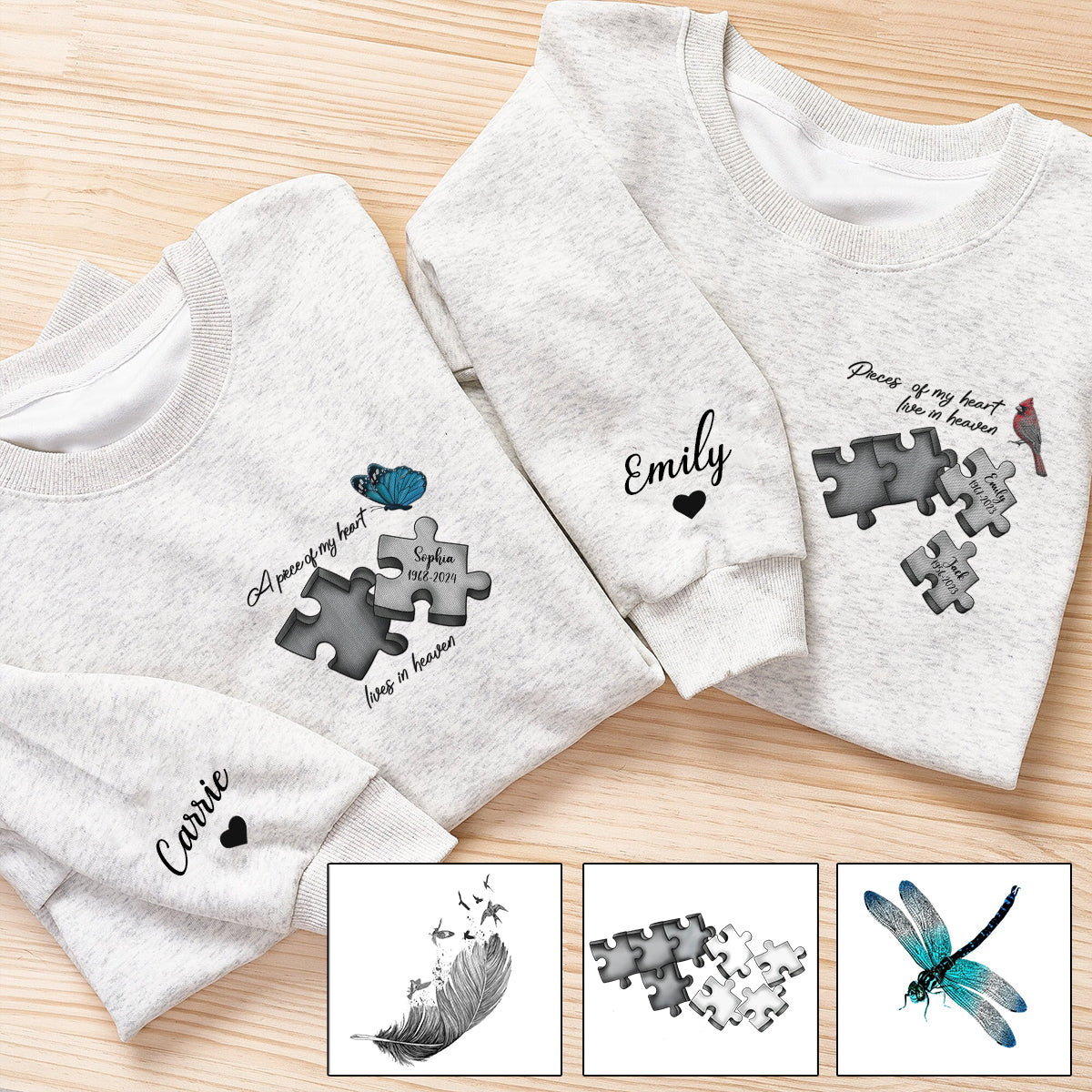 Gedenkpullover mit Schmetterling, Libelle, Himmelsfeder – personalisierter Gedenkpullover mit Stickerei