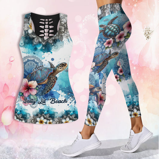 Mandala-Meeresschildkröten-Mandala mit tropischen Blumen – Personalisiertes Tanktop und Leggings mit Schildkrötenmotiv