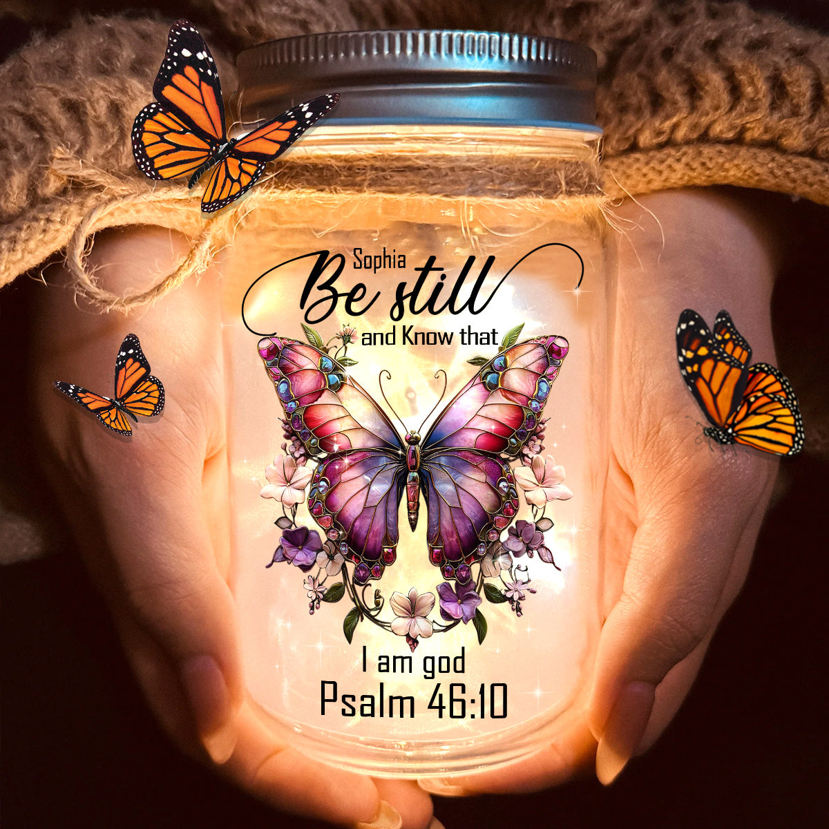 Be Still and Know - Personalized Butterfly Mason Jar Light