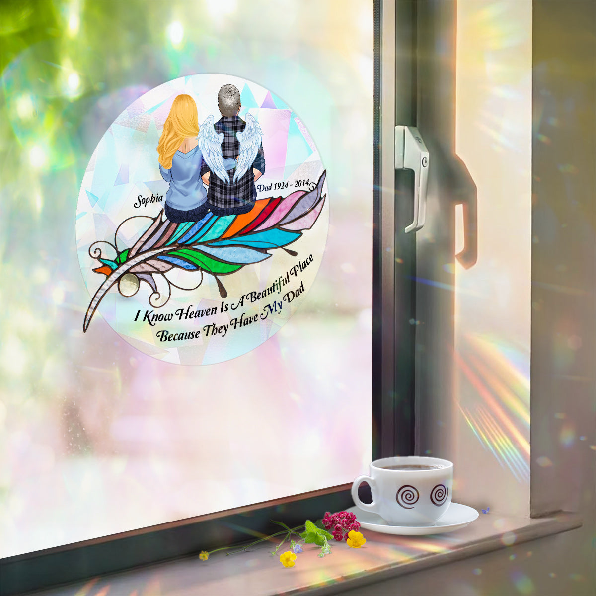 Ich weiß, der Himmel ist ein wunderschöner Ort, weil dort mein Sohn, mein Ehemann, mein Vater ist – personalisierter Gedenk-Sonnenfänger-Aufkleber
