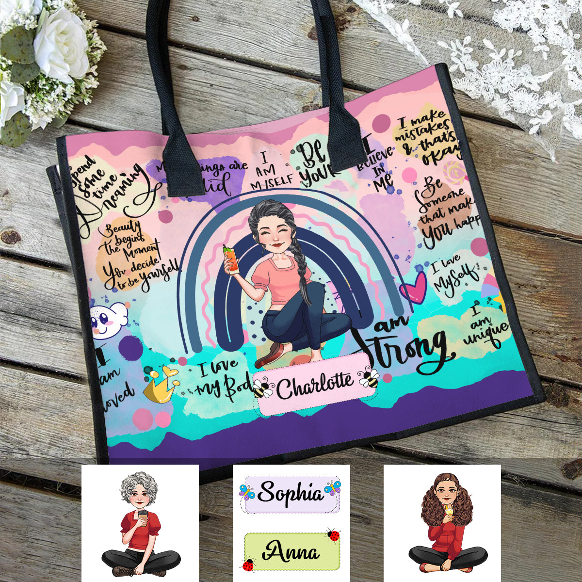 Positive Affirmationen für Selbstfürsorge – Personalisierte Tragetasche aus Canvas