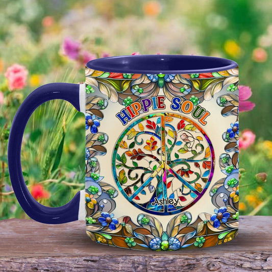 Es ist eine wunderschöne Welt, der Baum des Lebens, Friedenssymbol - personalisierte Tasse mit Hippie-Akzent
