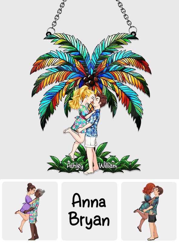 Romantic Couple Under The Palm Tree - Personalized Couple Window Hanging Suncatcher Ornament