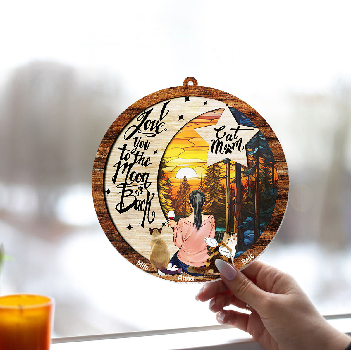 Ich liebe dich bis zum Mond und zurück – Geschenk für Hunde- und Katzenliebhaber, für alle, die einen Hund oder eine Katze verloren haben – Personalisierter Fensterhänger 