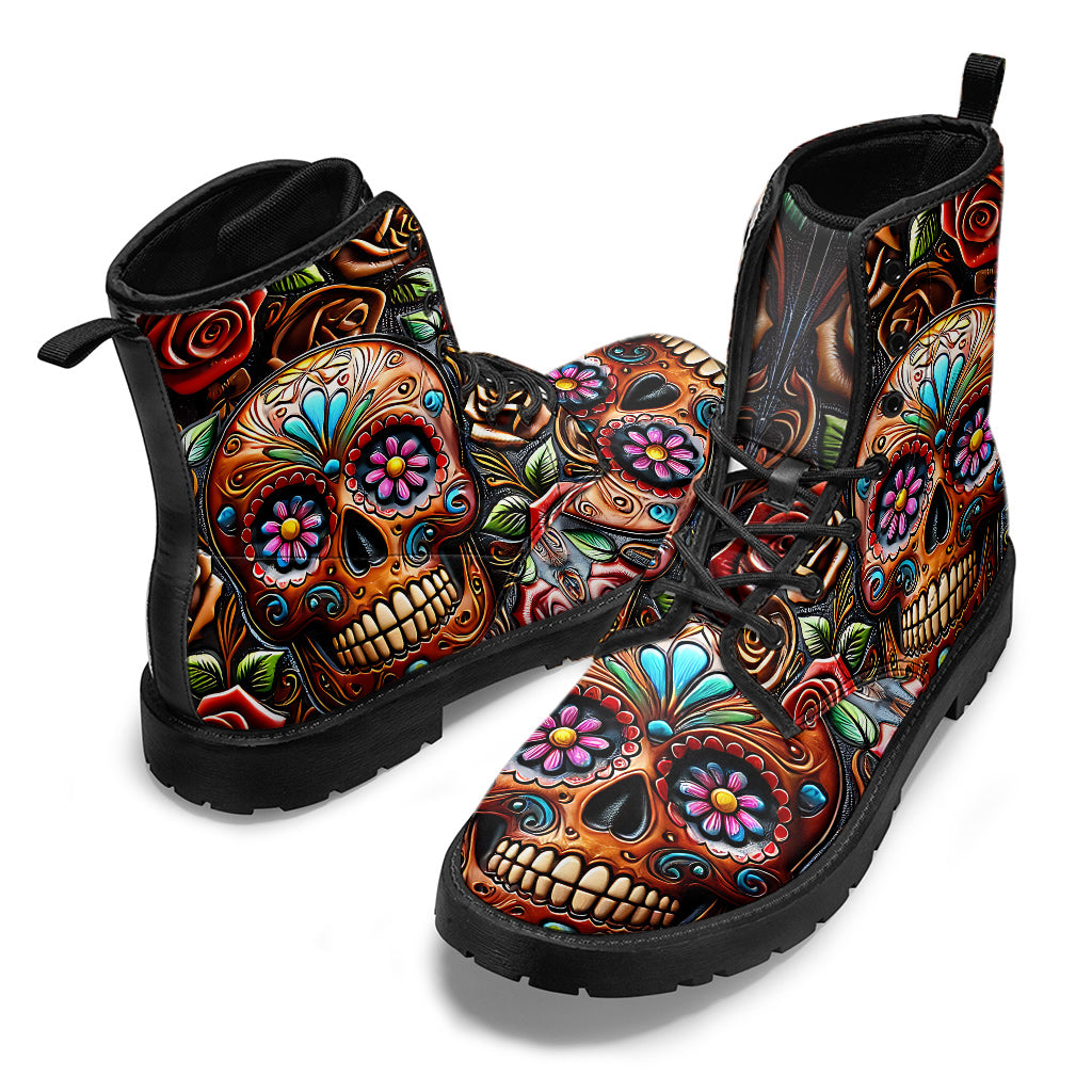 Roses And Skull - Skull Leather Boots