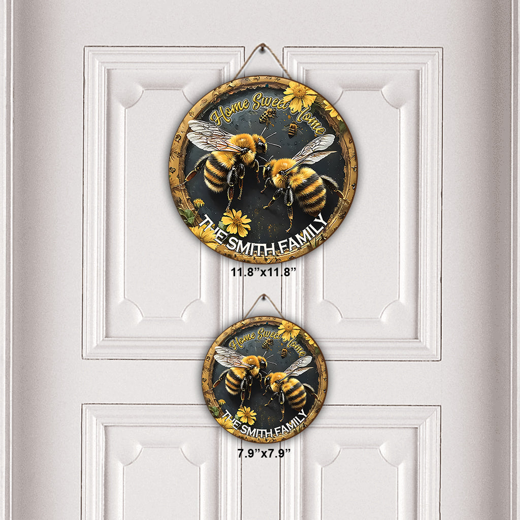Zuhause ist es am schönsten – personalisiertes rundes Holzschild mit Bienenmotiv