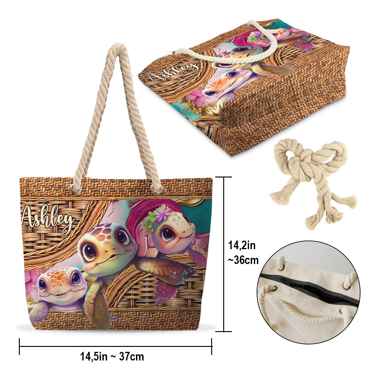 Niedliche Schildkröte – personalisierte Strandtasche mit Schildkrötenmotiv