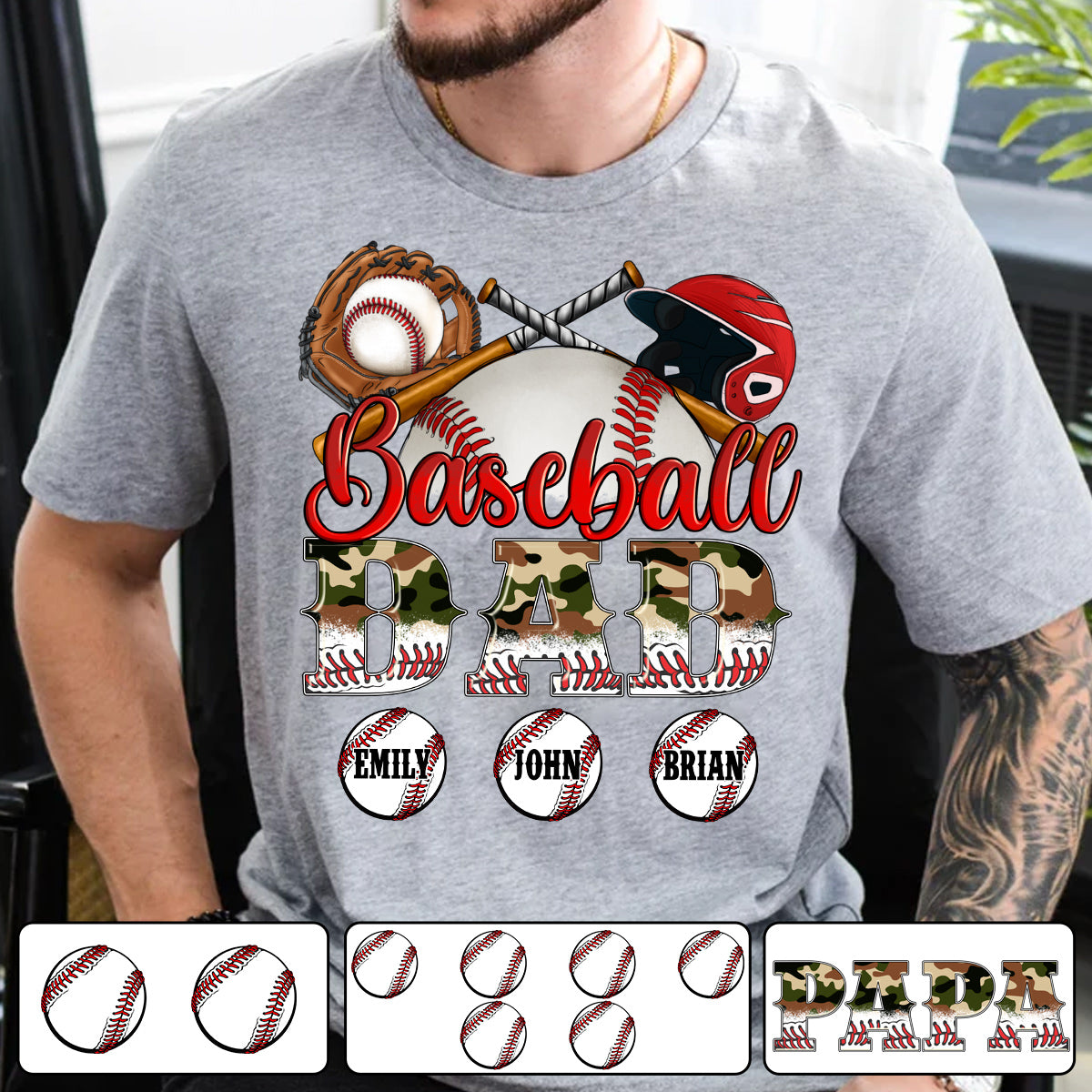 Bester Baseball-Papa aller Zeiten – Camouflage-Design – Personalisiertes Vater-T-Shirt und Hoodie