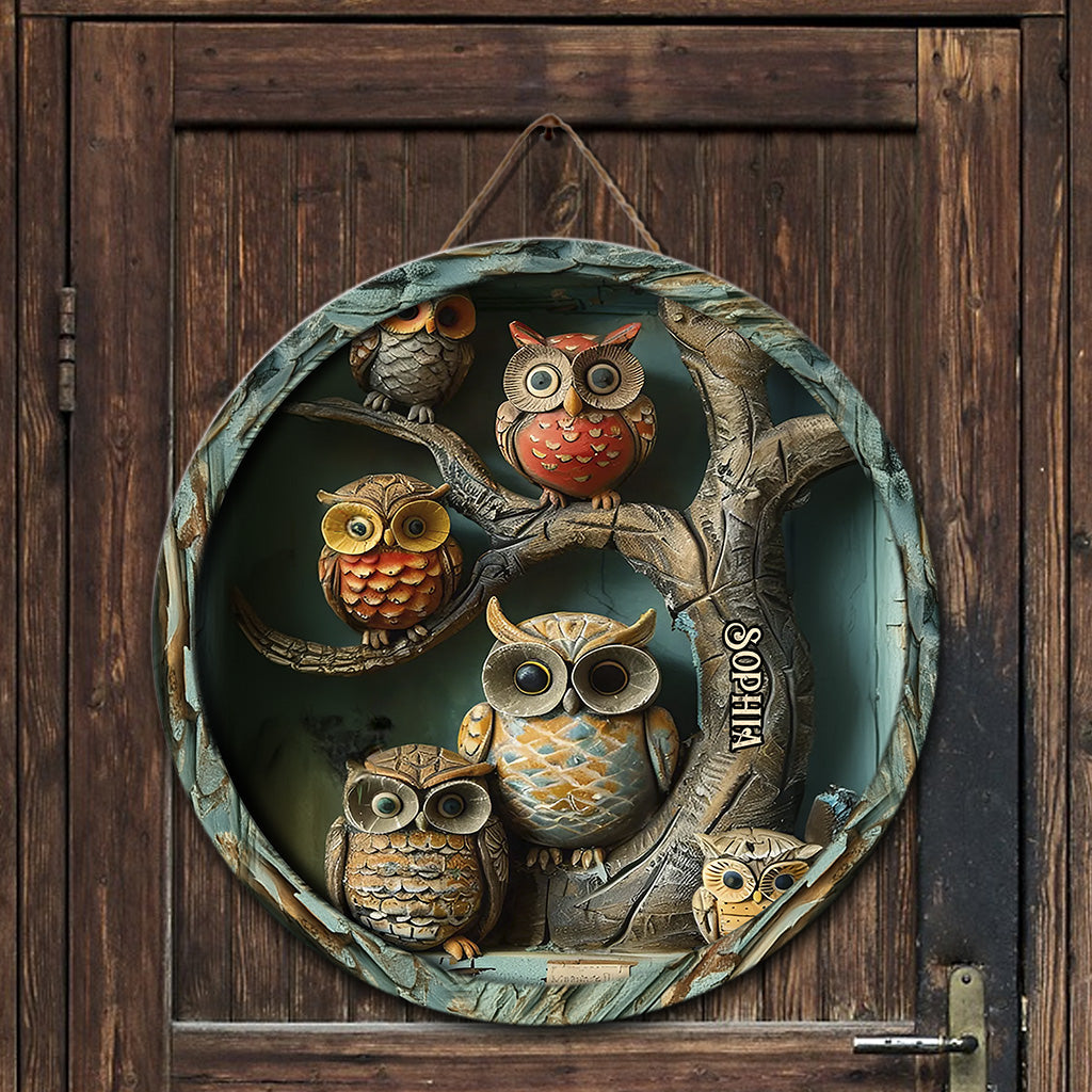 Vintage-Eule – Personalisiertes rundes Eulen-Holzschild